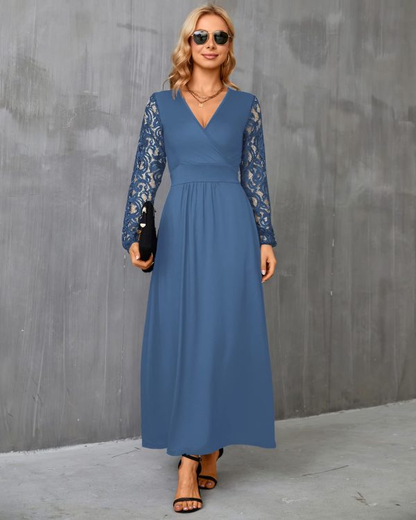 Talla: S - Vestido largo de mujer WNEEDU con cuello en V y encaje Beja Blue For Discount