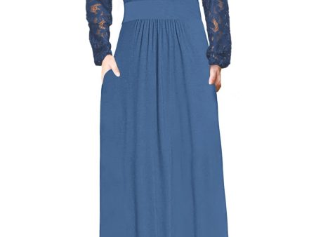 Talla: S - Vestido largo de mujer WNEEDU con cuello en V y encaje Beja Blue For Discount