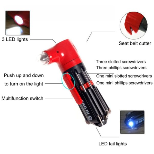 8 in 1 Car Safety Hammer with Seat Belt Cutter Multifunctional Screwdrivers Car Tools with LED Light For Discount