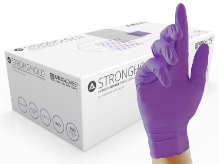 Guantes de nitrilo desechables Unigloves Stronghold GM0061, sin polvo y sin látex, caja de 100 pares, color morado, extra pequeño Supply